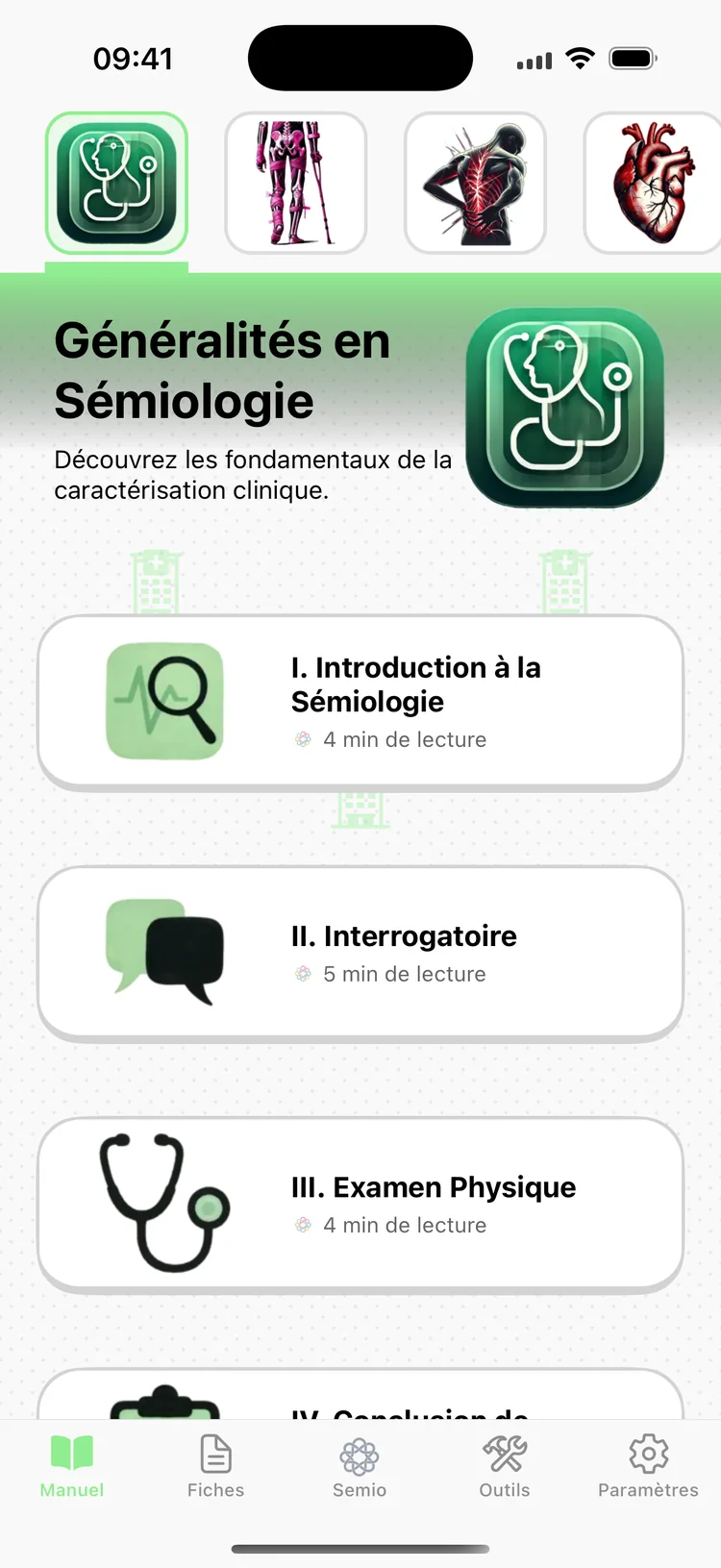 Écran du manuel de sémiologie dans l'application Semio